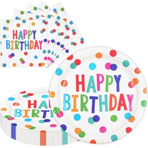 9inch Happy Birthday Plates and Napkins, 50PCS Colorful Dots Birthday Dinner Plates Disposable Paper Cake Dinnerware Set for Birthday's Party Supplies Decorations