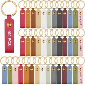 Prasacco 100 Pack Leather Keychain Blanks Bulk Keychains Laser Engraving Blanks Keychain Key Fobs with Rivets and Keyrings for DIY Key Chains Crafts, Multicolor