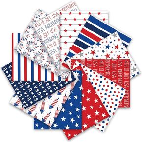 12Pcs Patriotic Cotton Fabric Bundles Star Firework Stripe Fat Quarters Red Blue White 4th of July Sewing Fabrics for Independence Day DIY Craft, 18 x 22 Inch
