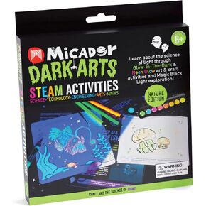 Micador Dark Arts Glow STEAM Activity Packs, Nature - Science of Light - Neon Color Pencils, Watercolor, Glow-in-The-Dark Paint Pen + Mini Black Light - Ages 6+
