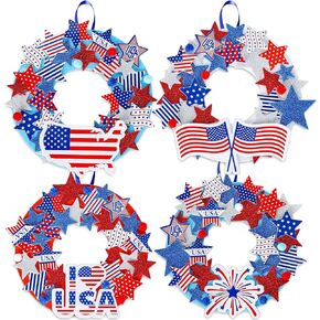 Whaline Patriotic Foam Wreath Crafts Kit American Flag Star Stickers, Glitter Star Stickers, Pompom Ball Eyes, Blue Ribbon 4th of July DIY Foam Wreath Signs for Independence Day Art Projects, 12Pcs