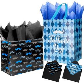 Lyforpyton 2PCS 12.5" Father's Day Gift Bag with Cards and Tissues Paper, Suitable for Fathers, Stepfathers, Grandfather, Husband（Black, Blue）