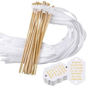 Junkin 100 Pcs Wedding Wands Streamers with Bells Set, 50 White Wedding Send Off Ribbon Streamers Sticks and 50 Favor Tags for Bridal Baby Shower Anniversary Holiday Send Off Party Activities Favors
