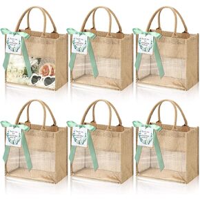 6 Pack Wedding Burlap Tote Bachelorette Gift Bags with Clear Window and Ribbon for Bridesmaid Beach Shower Party(Sage Green)