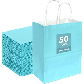 DechoPak Teal Paper Bags with Handles, 50Pack 8x4.4x10Inch Teal Paper Gift Bags, Light Blue Party Favor Bag Goodie Bulk for Birthday Baby Shower Valentine's Day Christmas Retail Business Medium