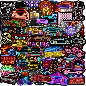 120PCS Neon Race Car Stickers, Race Car Party Favors Supplies Wheels Birthday Party Decorations Racing Decor Racing Car Stickers for Water Bottle Laptop Skateboard Computer Phone Bike Luggage