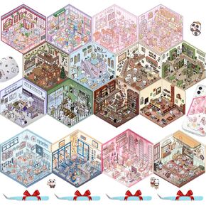 16PCS Isometric Sticker Book,DIY 3D House Scene Stickers Therapy,Reusable Cute Kawaii Korean Cartoon Make Your Own Mini Room Sticker Pictures Small Chinese Pack for Kids Adults