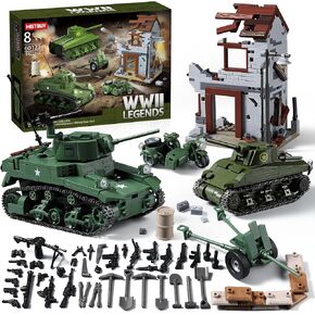 WW2 Army Tank Toys Building Sets Compatible with Lego (1452 Pieces), Includes Military Base, US Sherman & Stuart Tanks, Towed Howitzer, Motorcycle and Weapons, Great Military Toy Gifts for Boys Kids