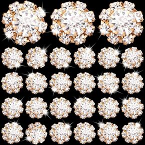 30 pcs Crystal Flower Buttons, Alloy Flower Buttons Vintage Brooch, Rhinestone Embellishments for Jewelry Making, Wedding Bouquet, DIY Crafts - Gold Color
