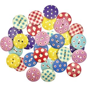 Decorative Round Wooden Buttons, 25mm/1 inch, Polka Dot and Gingham Patterns, Multicolor, 50-Pack
