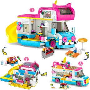 3-in-1 Cat Car Building Set, Girls Camper Van Building Block Sets, Ice Cream Truck City Bus Toys with Slide and Stickers, Gifts for Kids Girls Boys Age 6 7 8 9 10 11 12+ (494PCS)