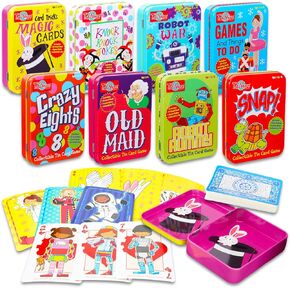 8 Pack Card Games - Tin Case Travel Table Games and Activities, Old Maid, War, Magic Card Tricks, Crazy Eights, More | Family Game Night Bundle