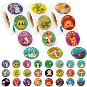 1500Pcs Reward Stickers for Kids, 3 Rolls 24 Designs Diameter 1inch Animal Styles Teacher Motivational Stickers School Supplies