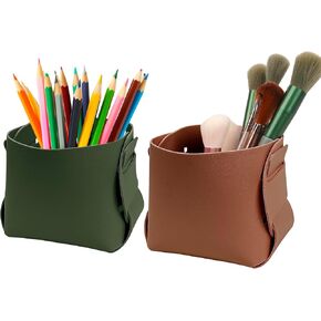 2 Pack Leather Pencil Pen Holder, Makeup Brush Holder Organizer, Desk Accessories Storage for Office Desk Home Decorative (Green, Brown)