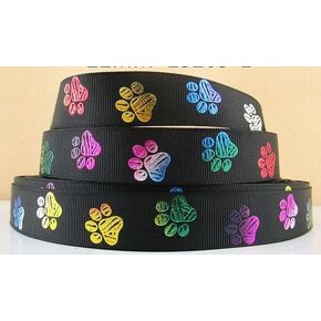 Grosgrain Ribbon 7/8" Colorful Foil Paw Prints on Black Printed Per Yard