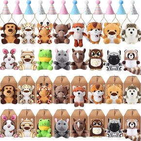 48 Pcs Mini Safari Plush Animals Set Forest Stuffed Toys Adopt a Pet Party Favors Jungle Animal Plush Toys with Birthday Hats Paper Boxes for Animal Theme Favor Birthday Party Gift