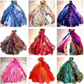 Vintage Fabuloz 9 Colors 25 Strands Each Vintage Sari Silk Tassels Ribbons Yarn Total 225 Strands 10" Long Ribbon Strips Journal Scrapbook Home Decor