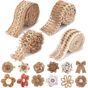 VGOODALL 16 PCS Natural Burlap Flowers Set, Including 12 PCS Handmade Lace Burlap Flowers and Bowknots, 4 Rolls Burlap Ribbon for Christmas Birthday Party Wedding Home Embellishment DIY Crafts