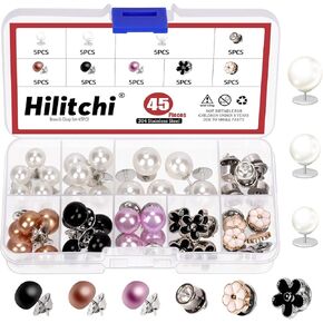 Hilitchi 45Pcs 9 Styles Pearl Brooch Buttons No Sew - Rhinestone Cover Up Pins Reusable Safety Flower Brooches for Women Shirt DIY Clothing