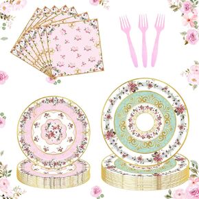 96pcs Floral Party Supplies Flower Paper Plates and Napkins Tableware Set for 24 Guest Floral Party Disposable Paper Dinner Plates Napkins Forks for Birthday Bridal Shower Tea Party Supplies