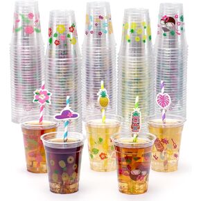 100 Pcs Hawaiian Luau Party Cups, 12 oz Tiki Tropical Clear Disposable Plastic Decorations Cold Drinks Cups with Lids Straws for Hawaiian Tropical Pool Beach Birthday Party Supplies