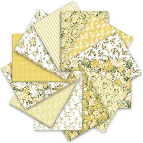 12Pcs Floral Cotton Fabric Bundles Yellow Rose Fat Quarters Retro Flower Quilting Patchwork for Spring DIY Craft Home Party Decor, 18 x 22 Inch