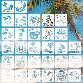 30pcs Summer Painting Stencils, 5x5in Reusable Ocean & Beach Stencils for Wood Rock Canvas Crafts DIY Art Projects with Tropical Themed Sea Life & Palm Tree Designs