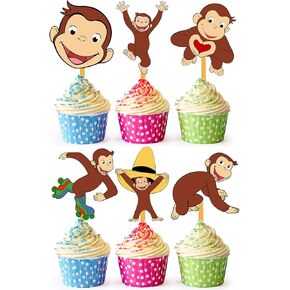 24x Curious Monkey Cupcake Toppers – Strong Picks Happy Birthday Décor, Cupcake Decorations for Kids Birthdays
