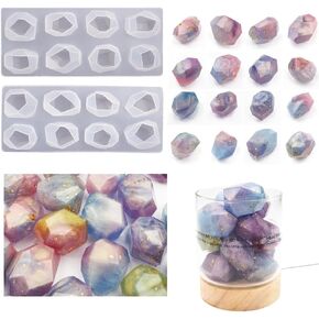 2 Pcs Gem Stone Resin Molds Silicone, Multi-Faceted Crystal Molds for Jewelry Soap Pendants Earrings Making Reusable DIY Craft Casting Tools Mineral Shape Mold