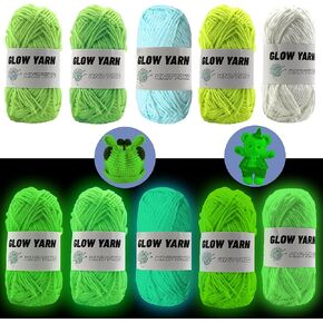 5 Rolls Glow in The Dark Yarn Luminous Crochet Yarn for Crocheting DIY Knitting, Glow Fingering Beginners Sewing Supplies for Arts Crafts, Halloween Party Gift, 55 Yard Per Roll