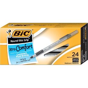 BIC Round Stic Grip Xtra Comfort Ball Pen, Medium Point (1.2mm), Black, 24 Count, Soft Grip, Fluid Writing