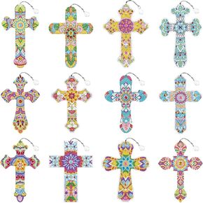 12 Pcs Cross Diamond Art Bookmarks, 5D Diamond Bookmarks Kit, Rhinestone Painting Bookmark Cross Crystal Bookmarks Christian Bookmarks for Reading Lover Book Decor DIY Crafts Gift