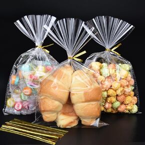 ZGORENDZ 120 PCS Clear Cellophane Treat Bags with Gold Twist Ties, 6.5x10 Inches Plastic Goodie Gift Bags for Party Favors, Candies, Cookies, Snacks