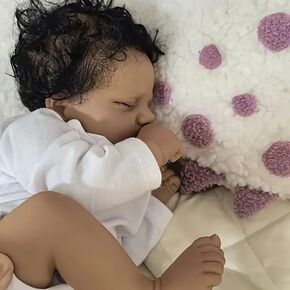 Pinky Reborn African American Reborn Dolls 18 Inch 46 cm Black Baby Dolls Newborn Baby, Lighter Brown Skin Silicone Reborn Toddler Doll with Curly Hair Gift for Age3+