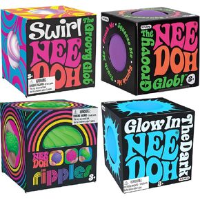 Nee Doh Teenies Ripples, Glow in The Dark, Swirl, and Original...Groovy Globs! Squishy, Squeezy, Popping, Stretchy Stress Fidget Balls Gift Set Party Bundle - 4 Pack (Asstorted Colors)