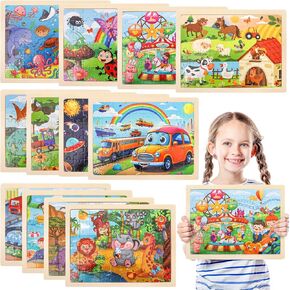 Tebery 12 Pack Wooden Jigsaw Puzzle for Kids, Sturdy 60 Pieces Learning Puzzles Toy Set, Portable Preschool Educational Puzzle Board Toys for Boys Girls