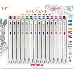 Zebra Pen Sarasa R Retractable Gel Pen, Extra Fine Point 0.4mm, School & Journaling Supplies, Rubber Grip, Binder Clip, Assorted Water-Resistant Ink, 14-Pack (47714)
