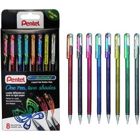 Pentel Hybrid Dual Metallic Liquid Gel Roller Pen YK110/8-M - Pack of 8 Pens in 16 Shimmering Metallic Colours