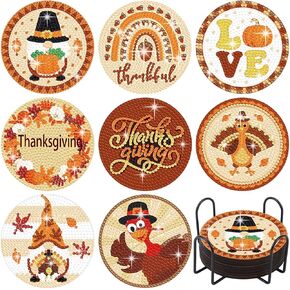Shellwei 8 Pcs Thanksgiving Diamond Art Fall Thanksgiving Coasters Diamond Painting with Holder Turkey Gnome Pumpkin Diamond Panting Kits Orange Diamond Coasters for Craft Adults Kids Gifts