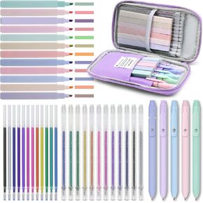 42 Pack Gel Pens for Coloring Books, 5 Gel Pens 0.5mm Black Ink, 12 Vibrant Sparkle Metallic Glitter Pens with 12 extra refills for enduring use, 12 Pastel Highlighters for Man Woman(Pink)