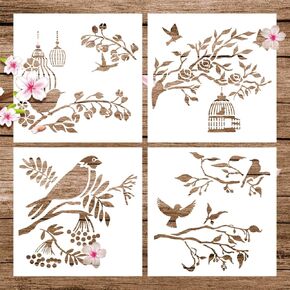 4 Pieces 12 x 12 inches Spring Summer Birds Stencils Templates for Painting, Large Reusable Flying Birds Branch Painting Templates Stencils for Painting Craft Drawing on Wood Wall Home Decorations