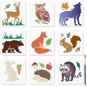 MAYJOYDIY 9Pcs Forest Animal Stencils 6x6inch Deer Bear Owl Wolf Template Reusable Hedgehog Raccoon Fox Squirrel Rabbit Stencil with Paint Brush for Wood Wall Window DIY Craft