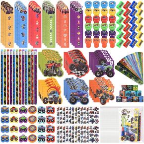 24 Pack 216Pcs Monster Truck Party Favors, Race Car Themed School Stationery with Sticker Stamper Eraser Ruler Bulk for Kids Birthday Decor, Stuffers Pinata Filler Supplies Classroom Prize
