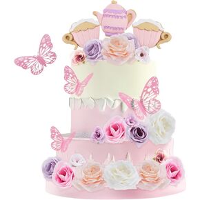 33 Pieces Tea Party Cake Toppers Flower Butterfly Teapot Teacup Floral Birthday Cake Decorations for Wedding Baby Shower Princess Tea Party Supplies