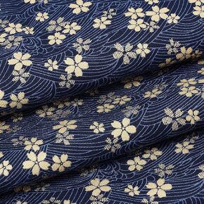 MAYJOYDIY 1 Yard 59 Inch Blue Cotton Fabric Japanese Sakura Quilting Bundles Gold Cherry Blossoms and Waves Print for Sewing Clothing Bag Tablecloth Sofa Pillow DIY Craft