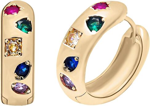 18K Gold Plated Small Chunky Hoops Earrings, Multi-Colored Cubic Zirconia Hoop Huggie Earrings, Thick Lightweight Gold Hoop Earrings for Women, 925 Sterling Silver Post Huggie for Women Girls in Saudi Arabia