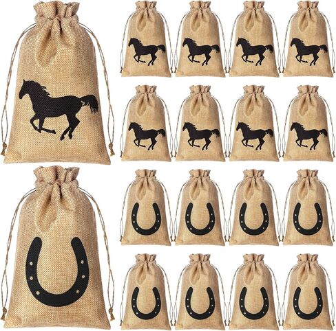 Vincreem 16 Pieces Western Horse Gift Bags Cowboy Party Favor Bags with Drawstring Reusable Treat Goodie Candy Sackpacks Horsehead and Horseshoe Pattern for Cowboy Birthday Party Favor(5x7 Inch) in Kuwait