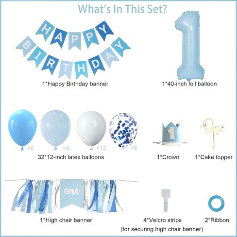 1st Birthday Decorations for Boy - Complete Party Set with High Chair Banner, Number 1 Balloon, ONE Cake Topper, Crown, Balloons & Banner(Blue) in Saudi Arabia