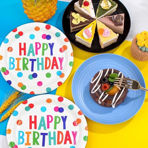 9inch Happy Birthday Plates and Napkins, 50PCS Colorful Dots Birthday Dinner Plates Disposable Paper Cake Dinnerware Set for Birthday's Party Supplies Decorations in Saudi Arabia