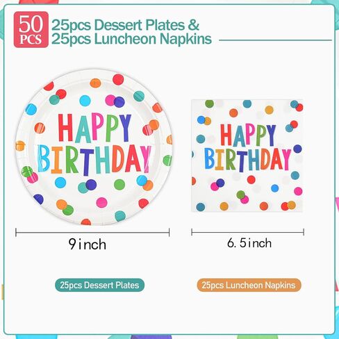 9inch Happy Birthday Plates and Napkins, 50PCS Colorful Dots Birthday Dinner Plates Disposable Paper Cake Dinnerware Set for Birthday's Party Supplies Decorations in Saudi Arabia